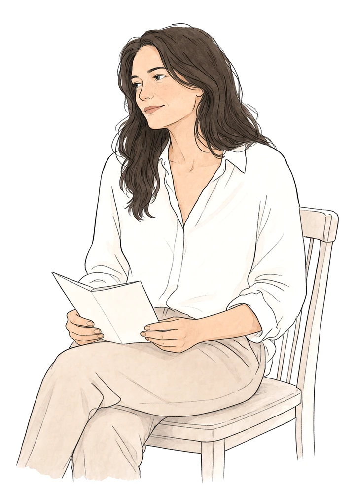 A woman sits calmly on a chair holding a folded sheet of paper, her gaze quiet and settled.