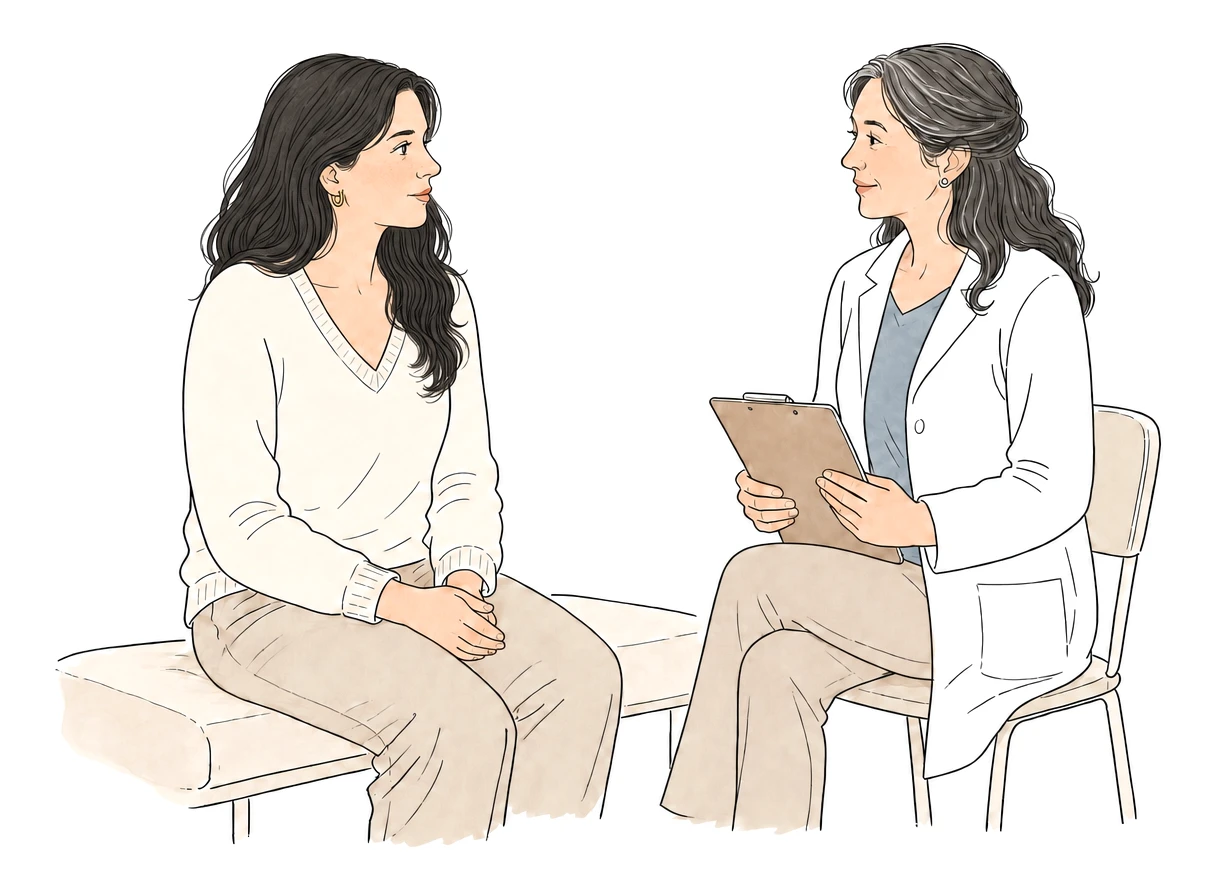 A patient and a doctor sit facing each other in an unhurried, attentive consultation.