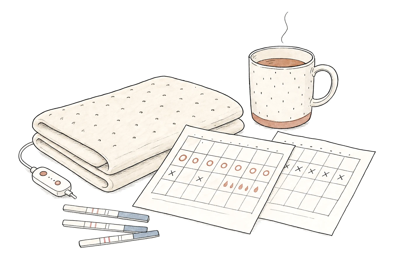 A folded heating pad, a steaming mug, hand-marked cycle charts and ovulation test strips on a plain surface.