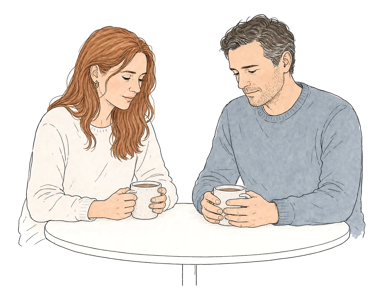 A couple sit together at a small table with mugs of coffee on a calm, thoughtful morning.