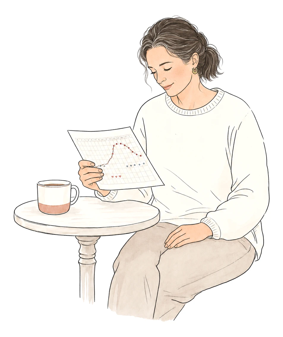 A woman sits calmly at a small table reviewing her cycle chart, grounded and self-contained.