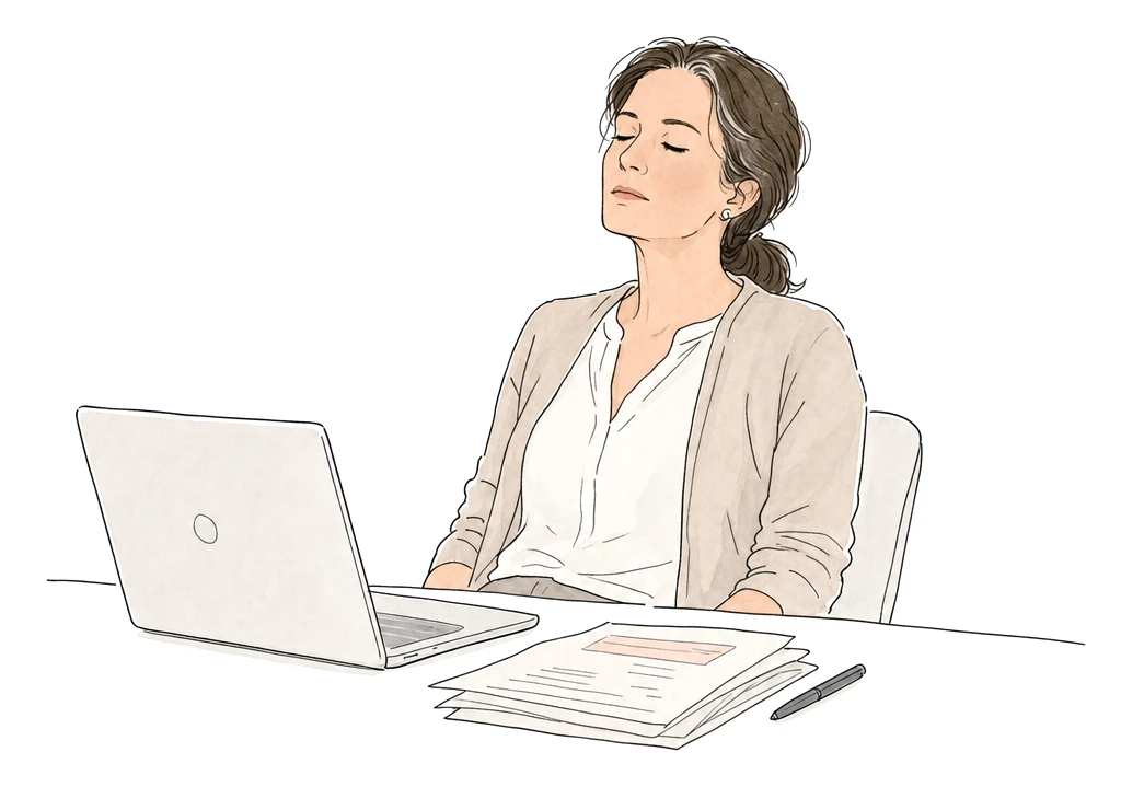 A woman sits back from her desk for a moment, eyes closed, quietly depleted during an ordinary workday.