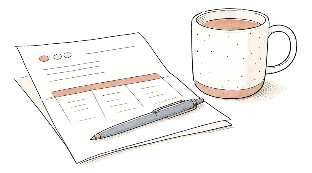 A folded lab result with a pen resting on top and a mug of tea beside it on a plain surface.