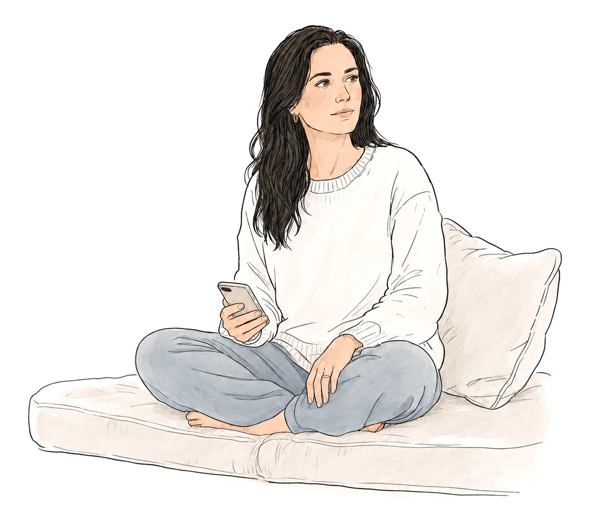 A woman sits on a cushioned window seat, phone lowered in her hand, taking in a result in a quiet, still moment.