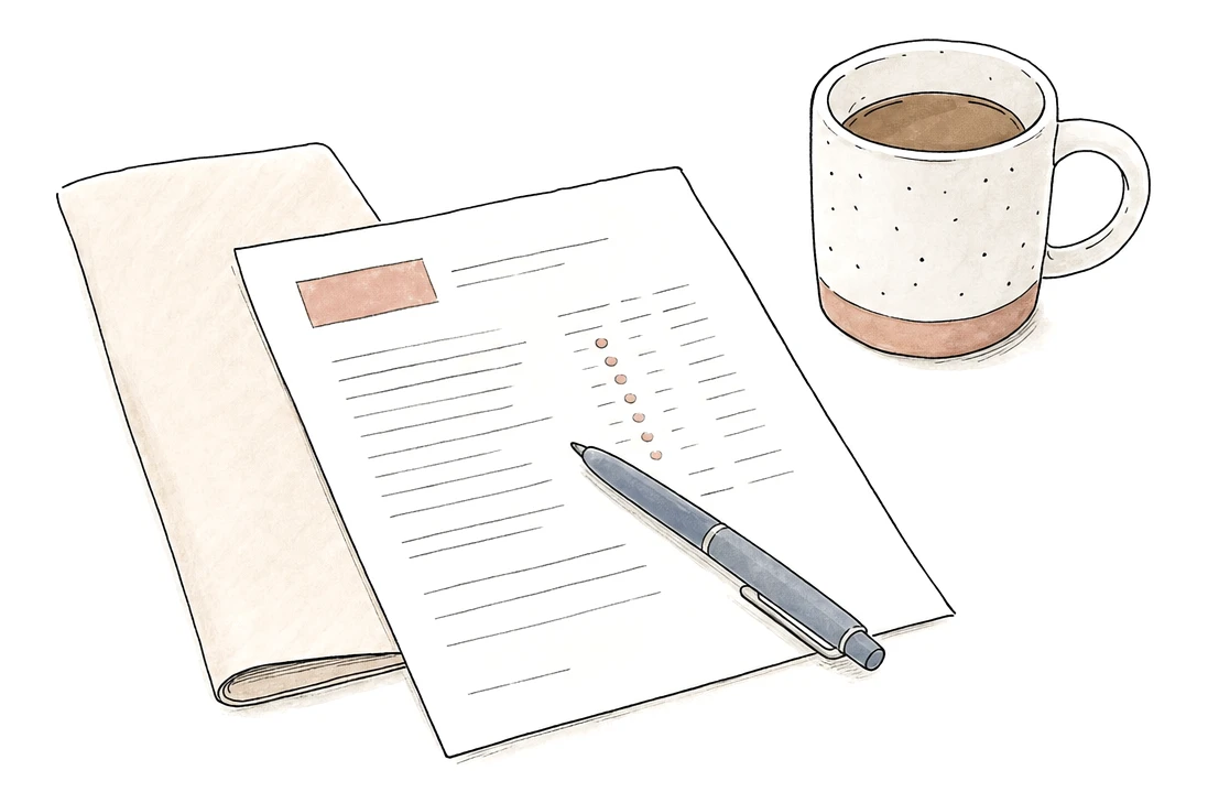 A folded lab report with a pen resting on top and a mug of coffee beside it on a plain surface.