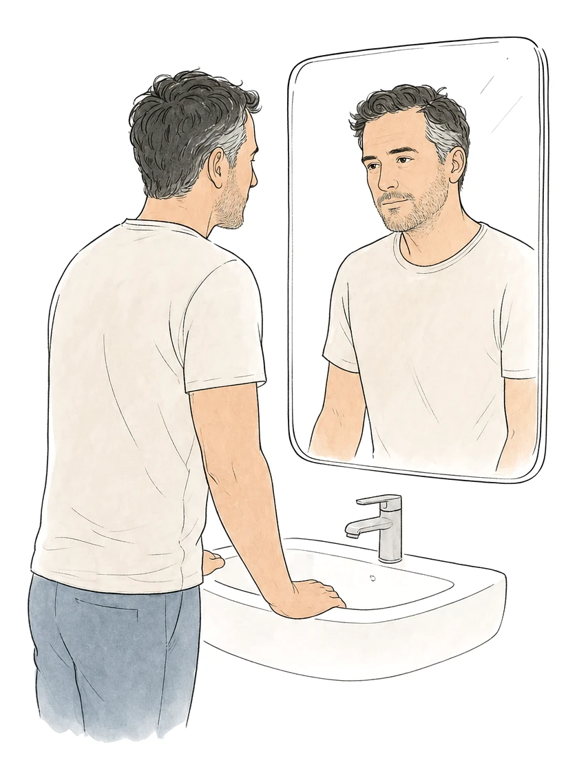 A man stands at a bathroom basin, looking at his reflection in the mirror in a quiet, thoughtful moment.