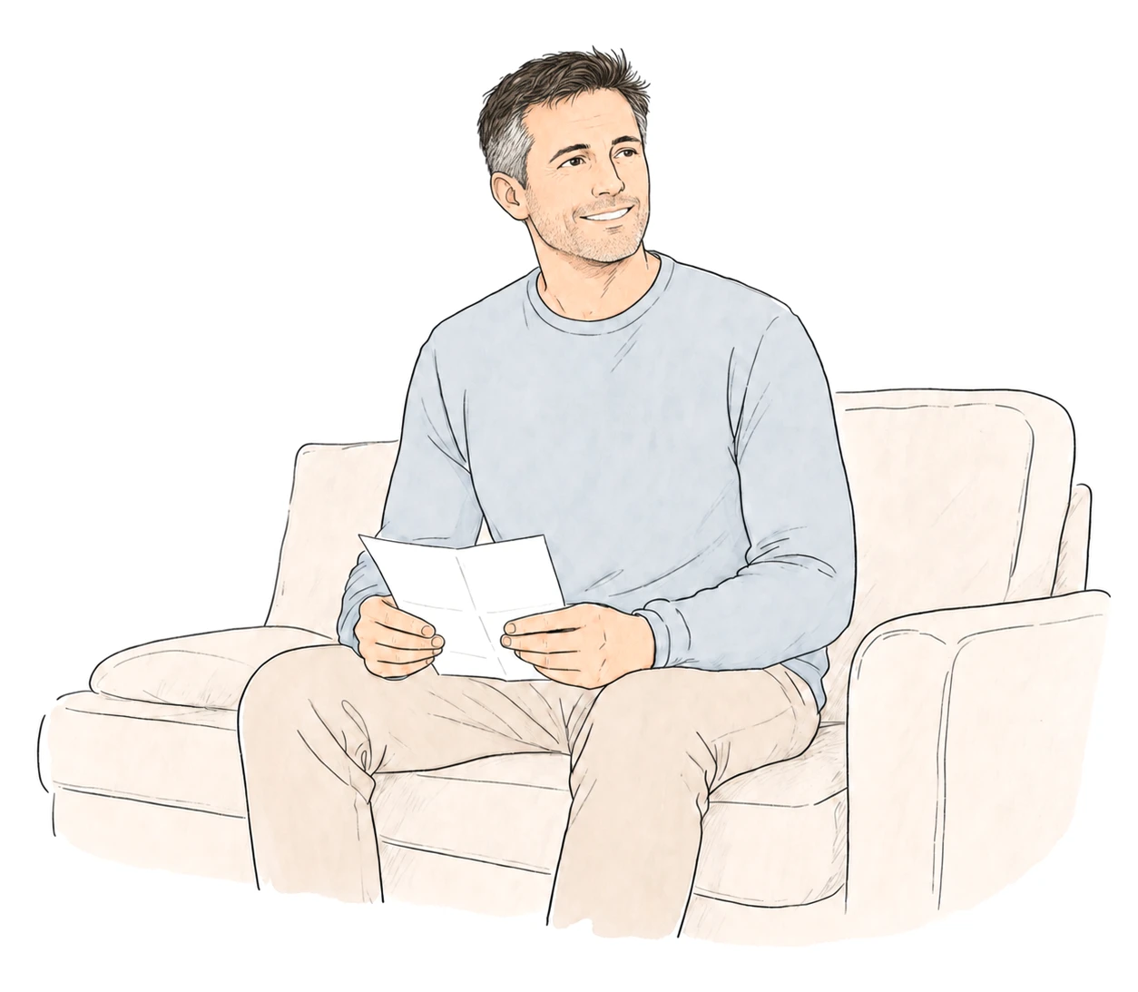 A man sits on a sofa holding a lab report, smiling, warm and reassured.
