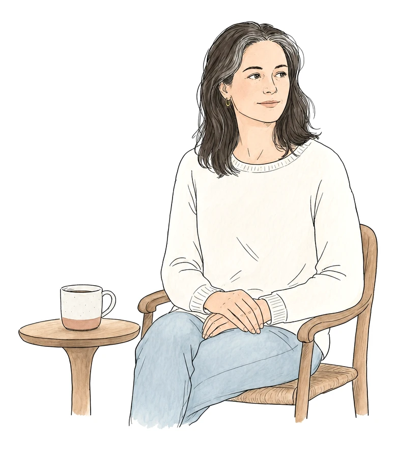 A woman sits composed on a chair, a warm mug on a small table beside her, her gaze steady and quietly hopeful.
