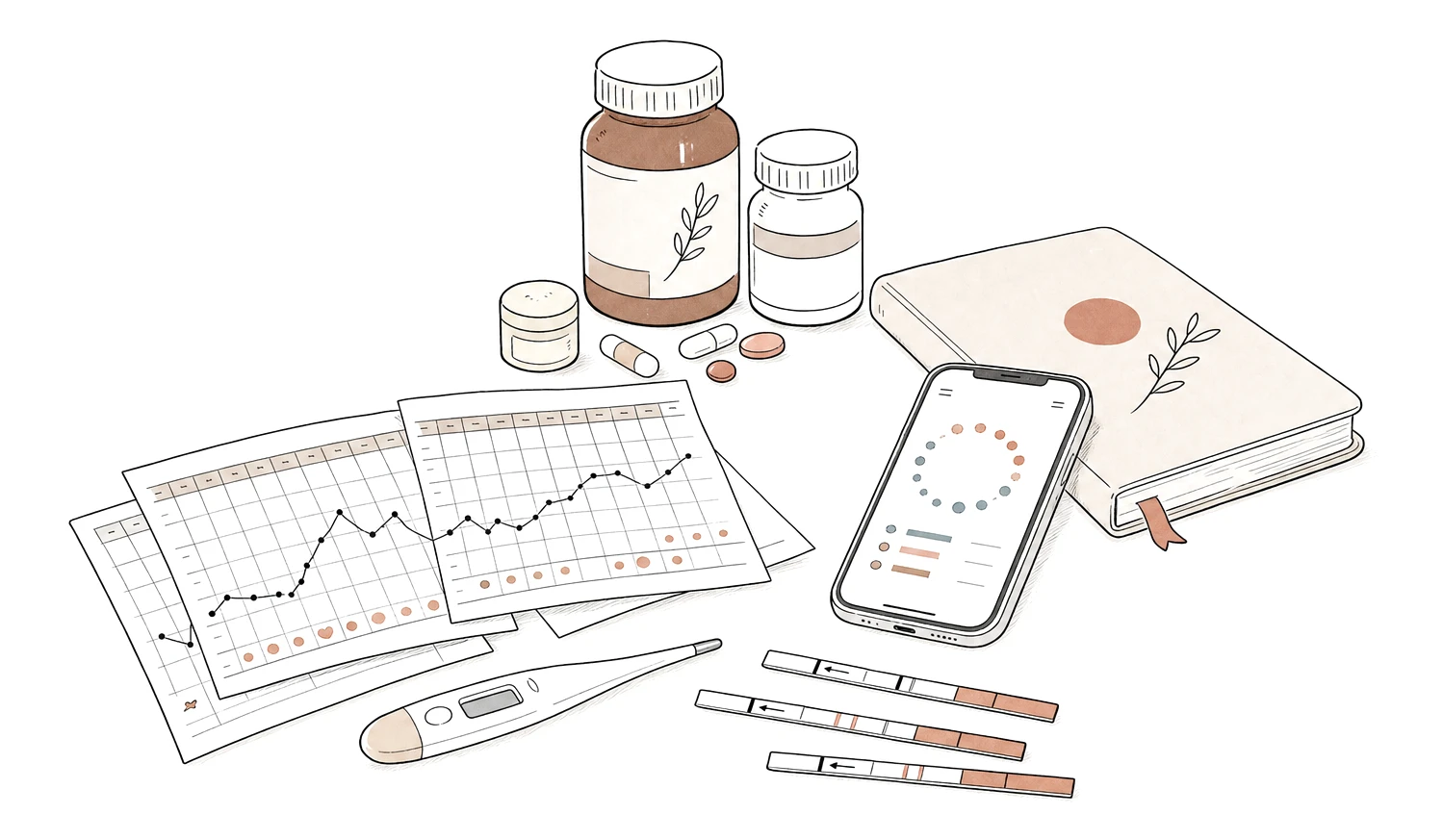 A bedside still-life: hand-marked cycle charts, a basal thermometer, ovulation test strips, a phone with a tracking app, and medication and supplement bottles.