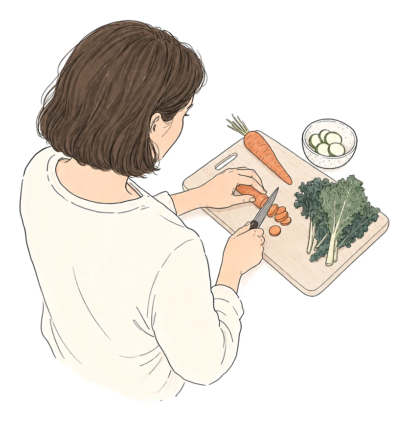 A woman prepares a simple home-cooked meal at her kitchen counter, unhurried and at ease.