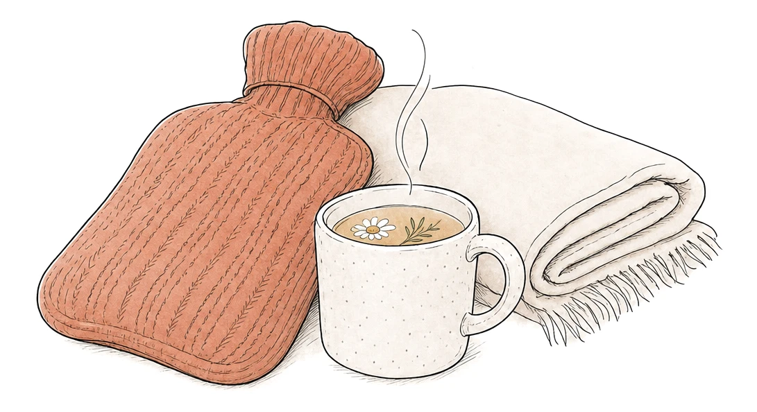 A hot water bottle in a knitted cover, a mug of herbal tea, and a folded soft blanket on a plain surface.