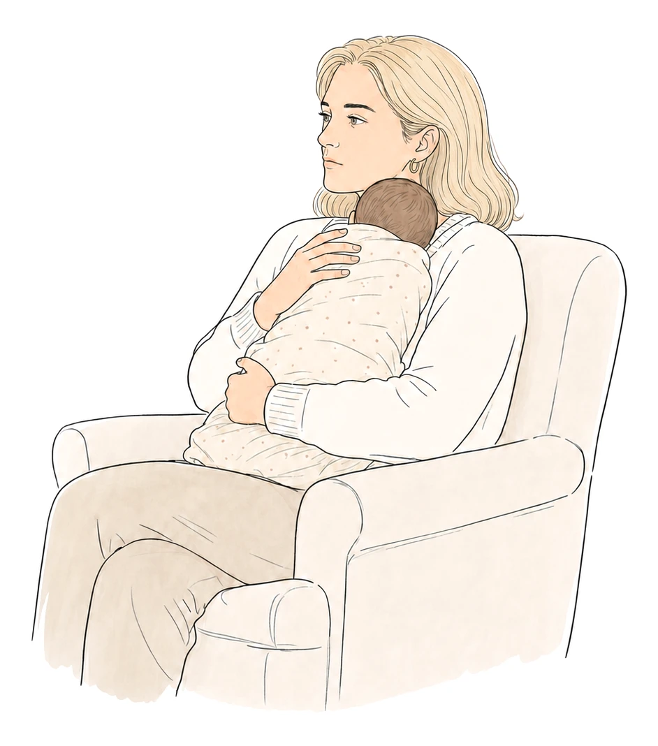 A woman sits in an armchair holding her sleeping newborn, her expression quiet and still.