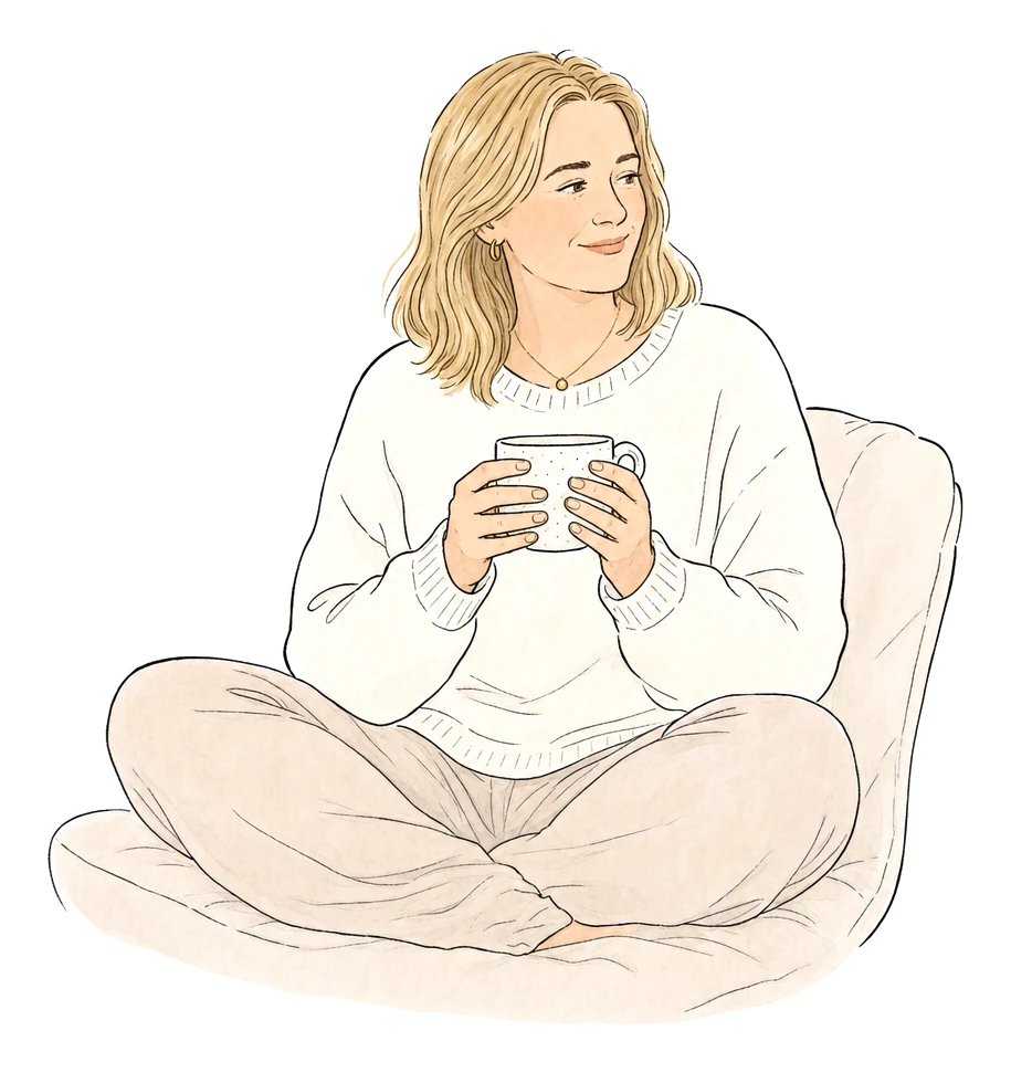 A woman sits holding a warm mug in both hands, calm, well and gently content.
