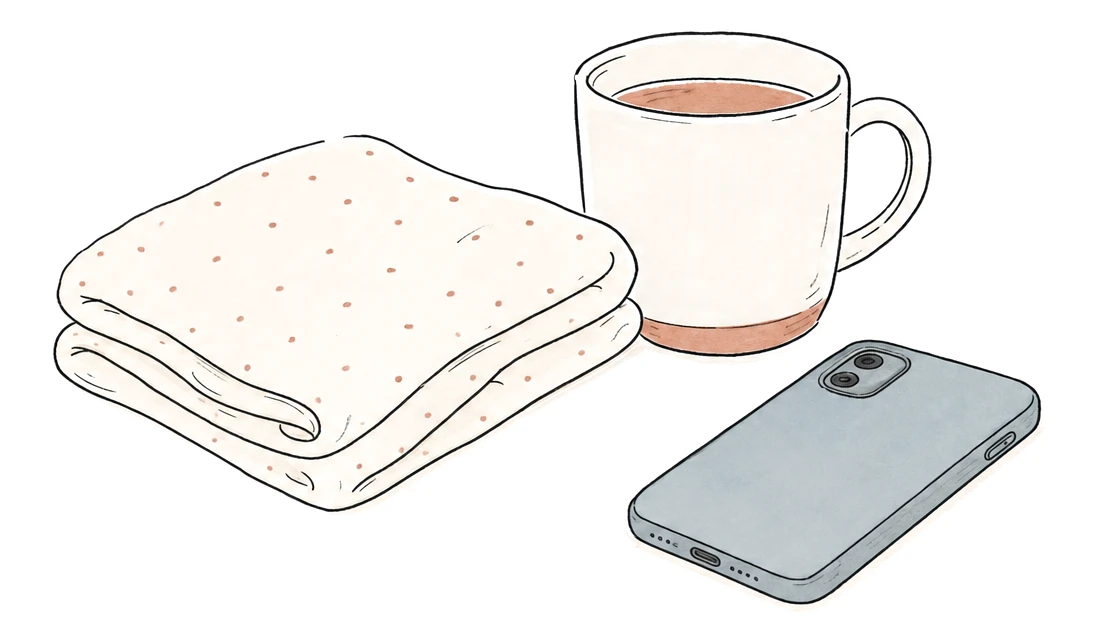 A neatly folded baby blanket, a mug of tea, and a phone lying face down on a plain surface.