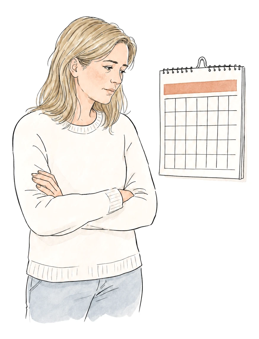A woman pauses in her kitchen, glancing at a wall calendar with a quiet, knowing expression.