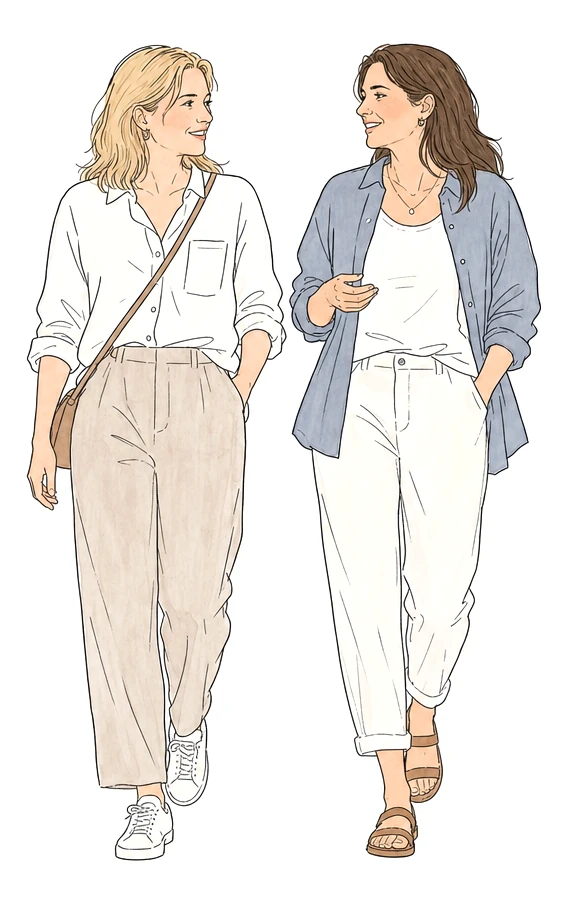 Two women walk together outdoors, relaxed and mid-conversation, an easy ordinary day.
