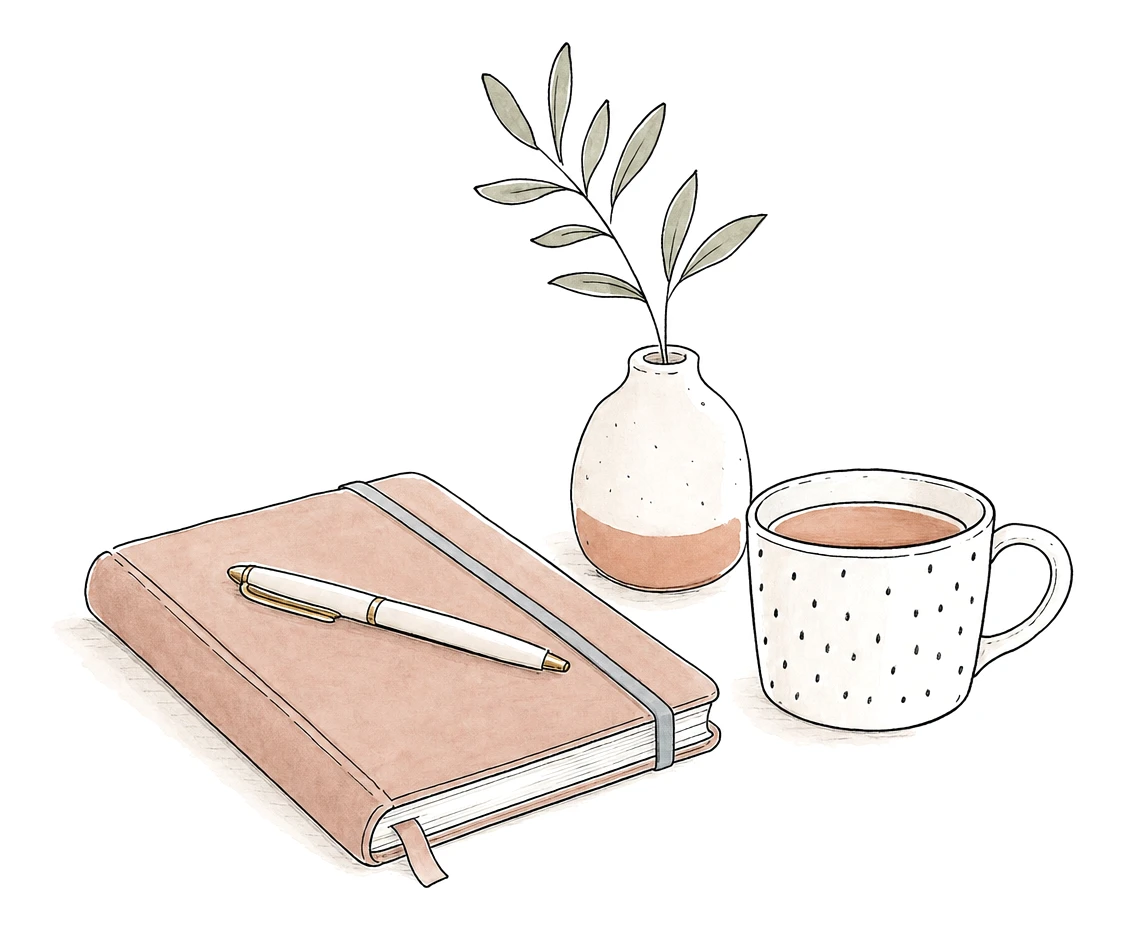 A closed journal with a pen, a small vase holding a sprig of greenery, and a mug of tea on a plain surface.