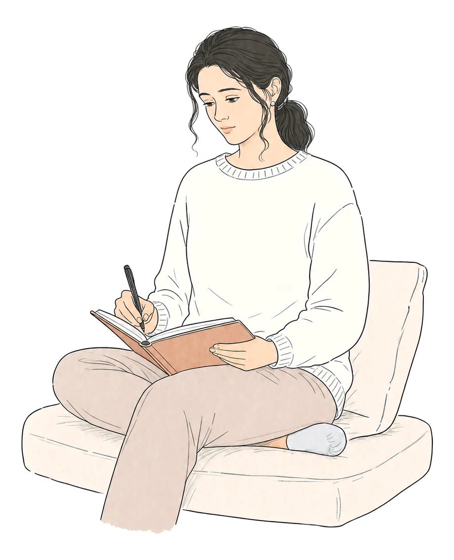A woman sits upright on a cushioned seat writing in a journal, calm and composed.