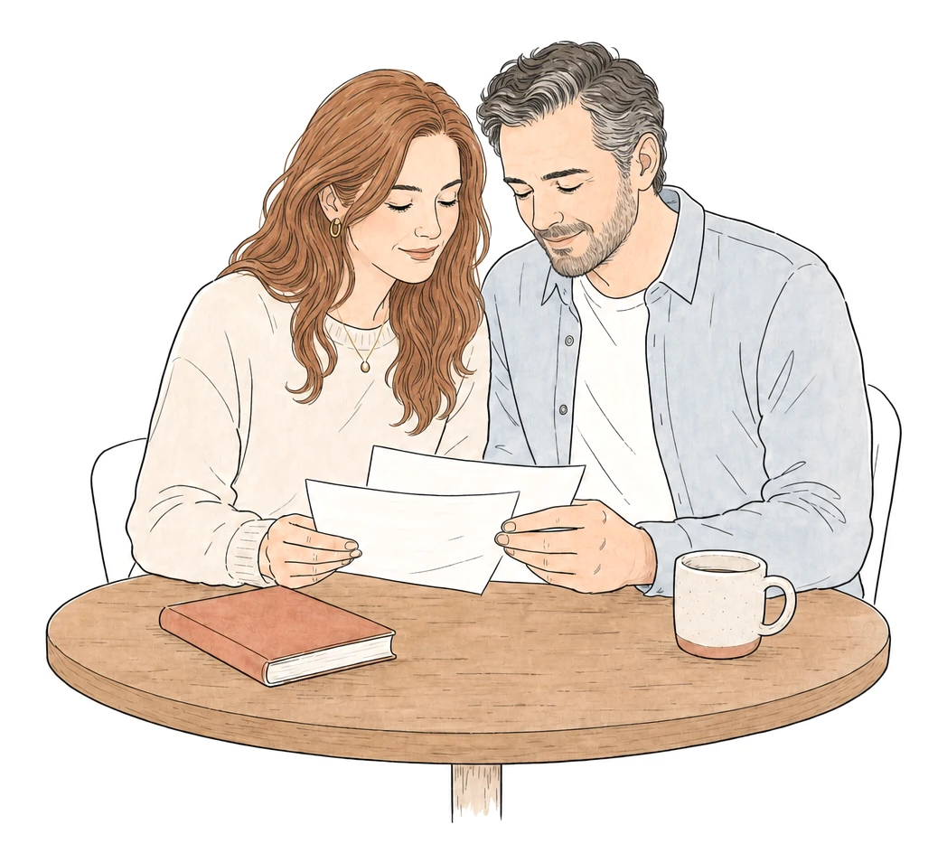 A couple sit together at a small round table, reading through a care plan, calm and quietly hopeful.
