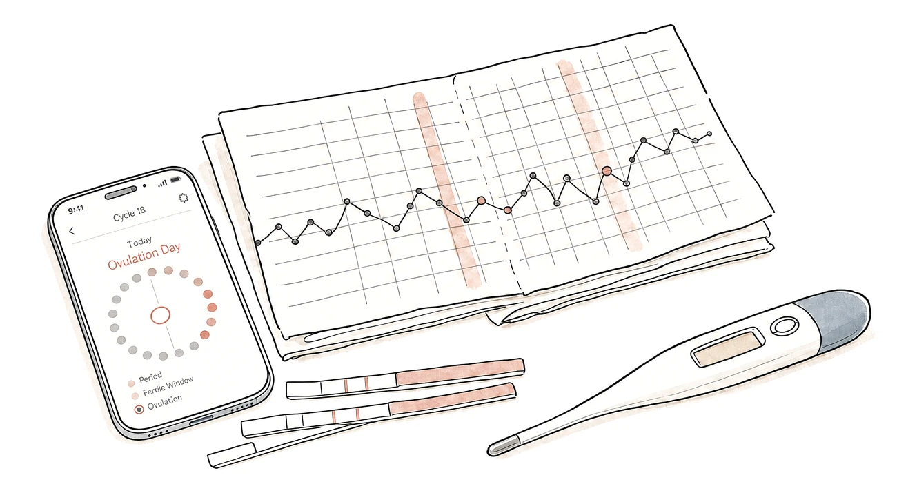 A hand-marked paper cycle chart, a phone showing a cycle-tracking app, ovulation test strips, and a basal body thermometer on a plain surface.